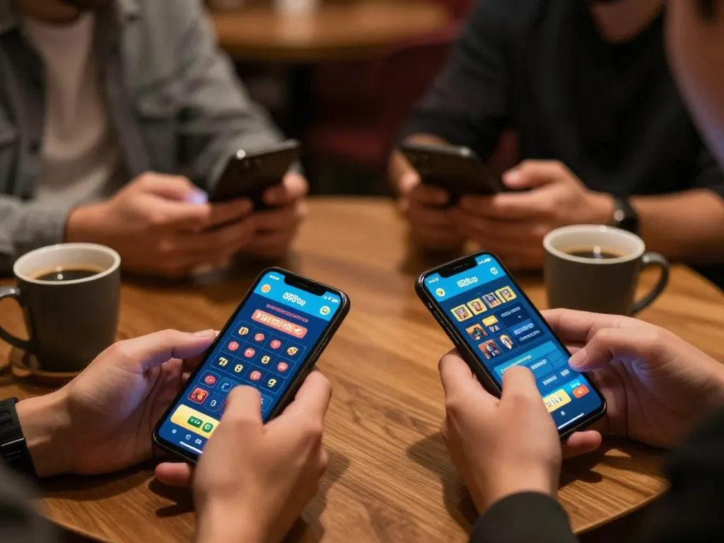 Players actively betting on the 888top app, showing smartphones and coffee mugs in a cozy setting.