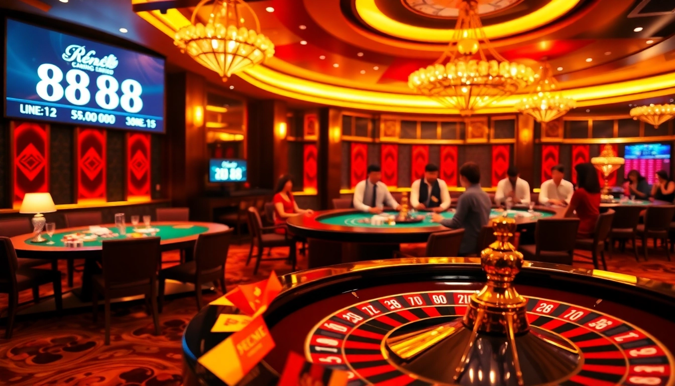 Kèo Bong88 betting scene with engaging players at a vibrant poker table, showcasing excitement in a luxurious casino.