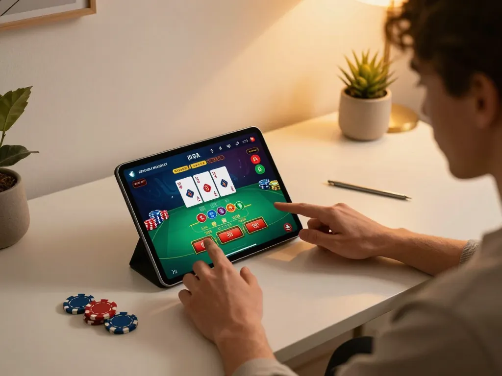 Player engaging in a thrilling tr88 mobile casino game while strategizing bets at home.