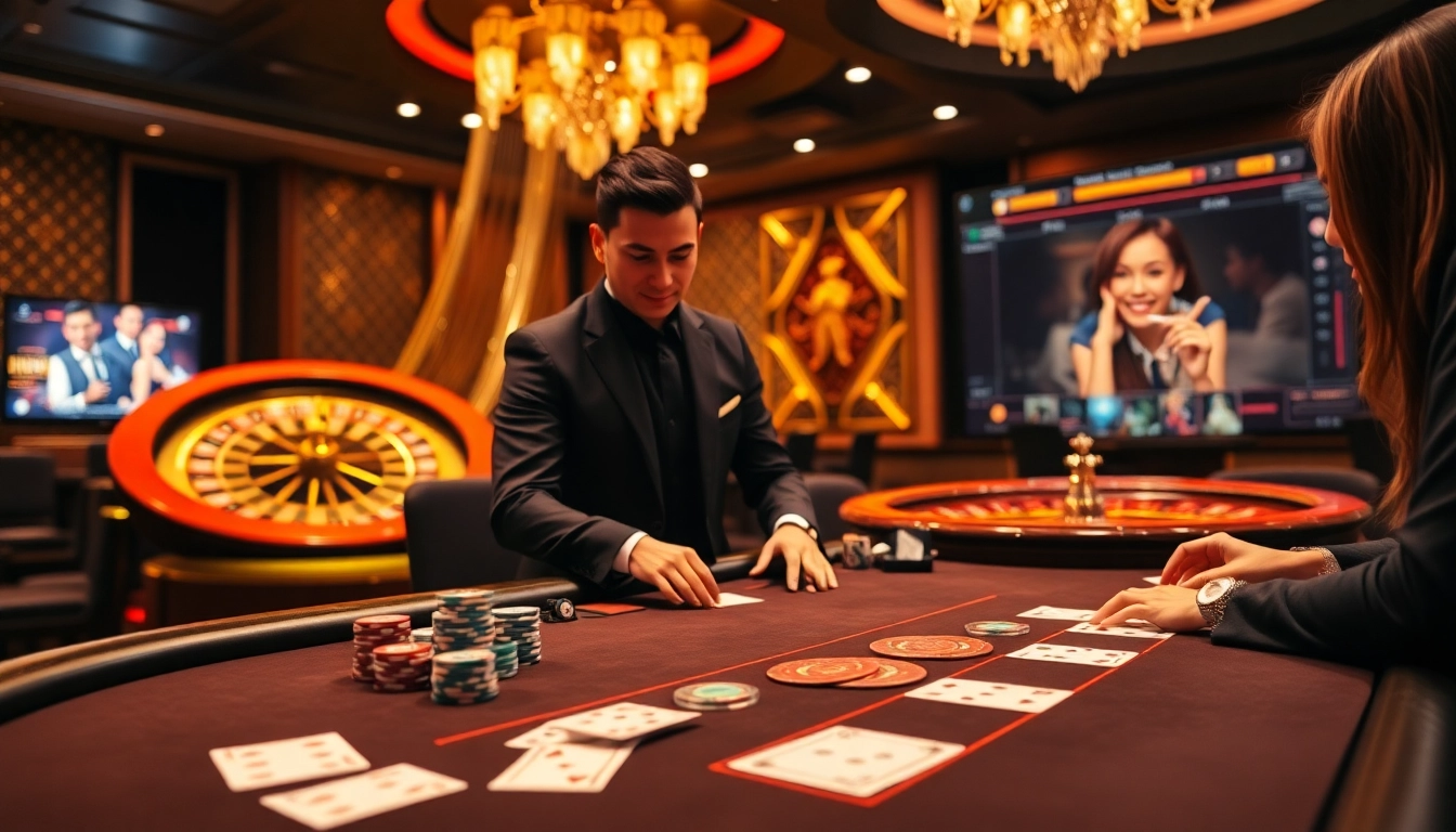 Players experience thrilling Blackjack action at 98win vin casino, surrounded by an elegant ambiance.