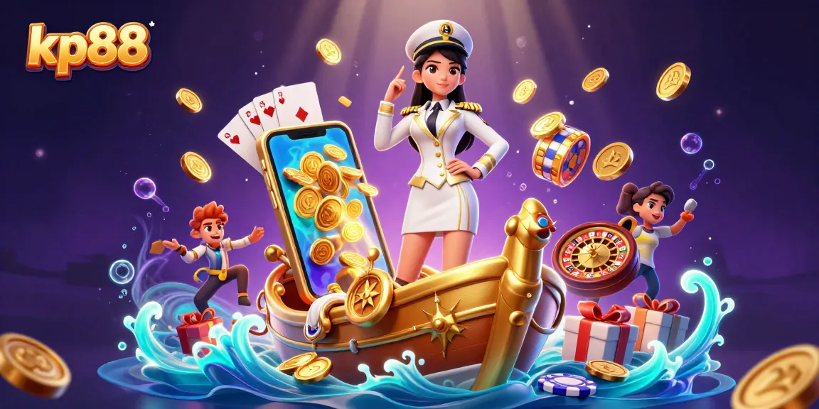 Experience thrilling moments with kp88, showcasing a vibrant 3D casino scene filled with slot games and golden coins.