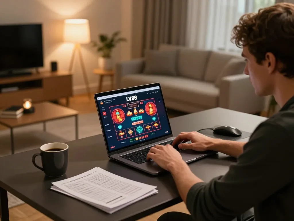 Player engaged with LV88 online casino on laptop, showcasing strategic gameplay atmosphere
