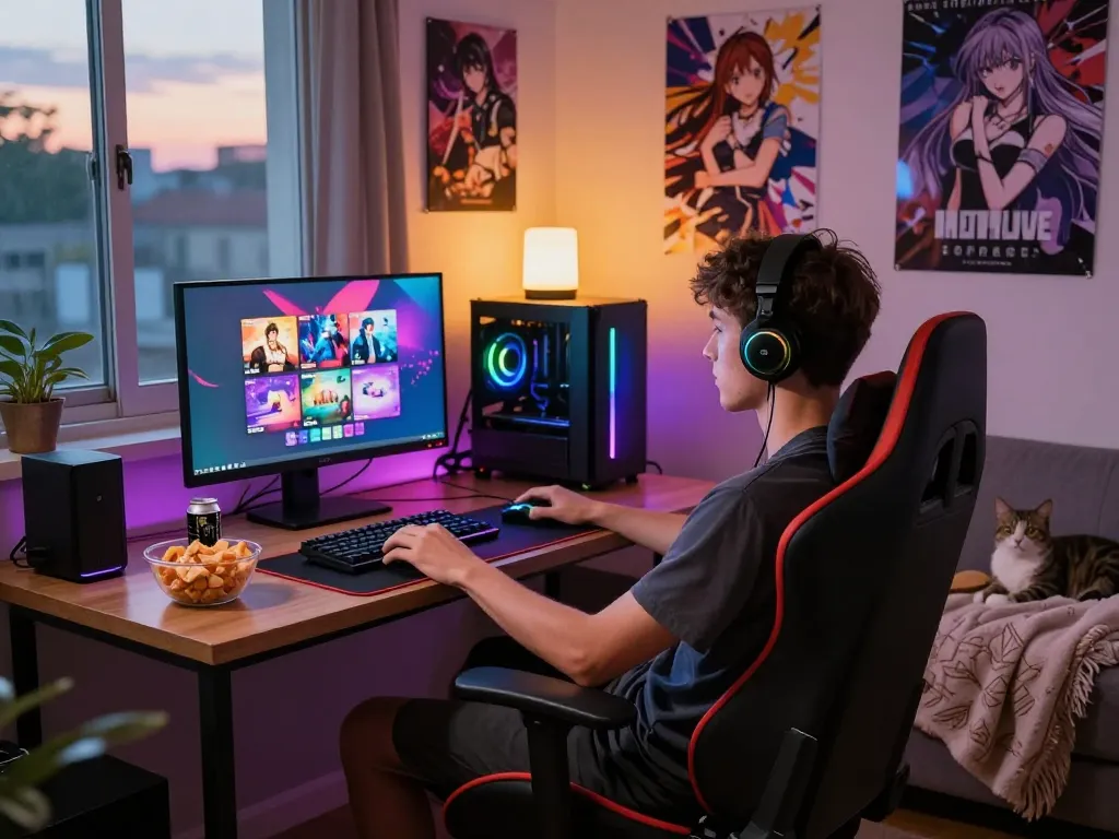 Porn games displayed on computer screen with gaming accessories in a cozy bedroom setting.