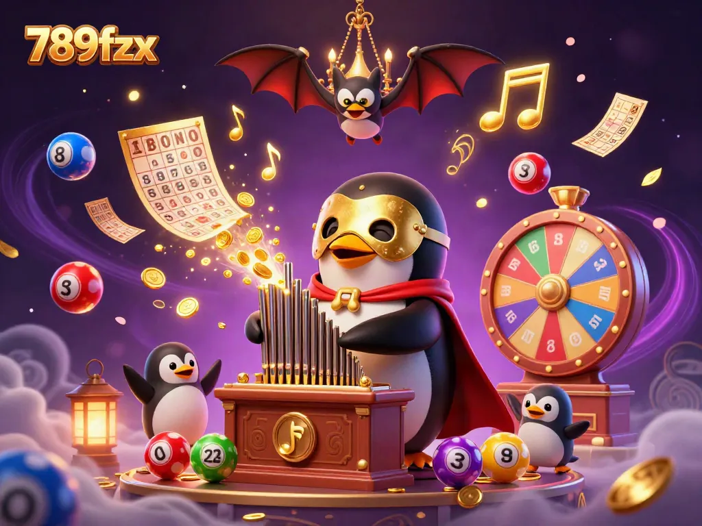 Experience the vibrant wins of 789fzx through a lively scene with a phantom opera penguin amidst golden coins and lottery elements.