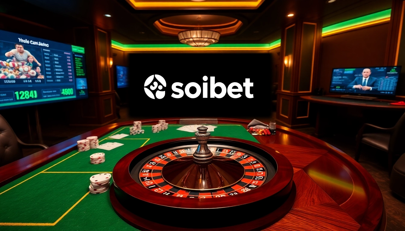 Engage with เว็บ soibet in a luxurious casino scene featuring roulette, poker chips, and players.