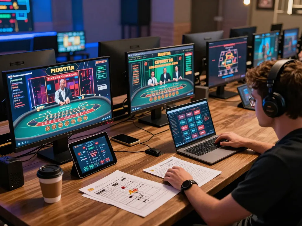 Engaging gameplay moment at hitclub online casino with live dealer blackjack on multiple screens and strategy notes