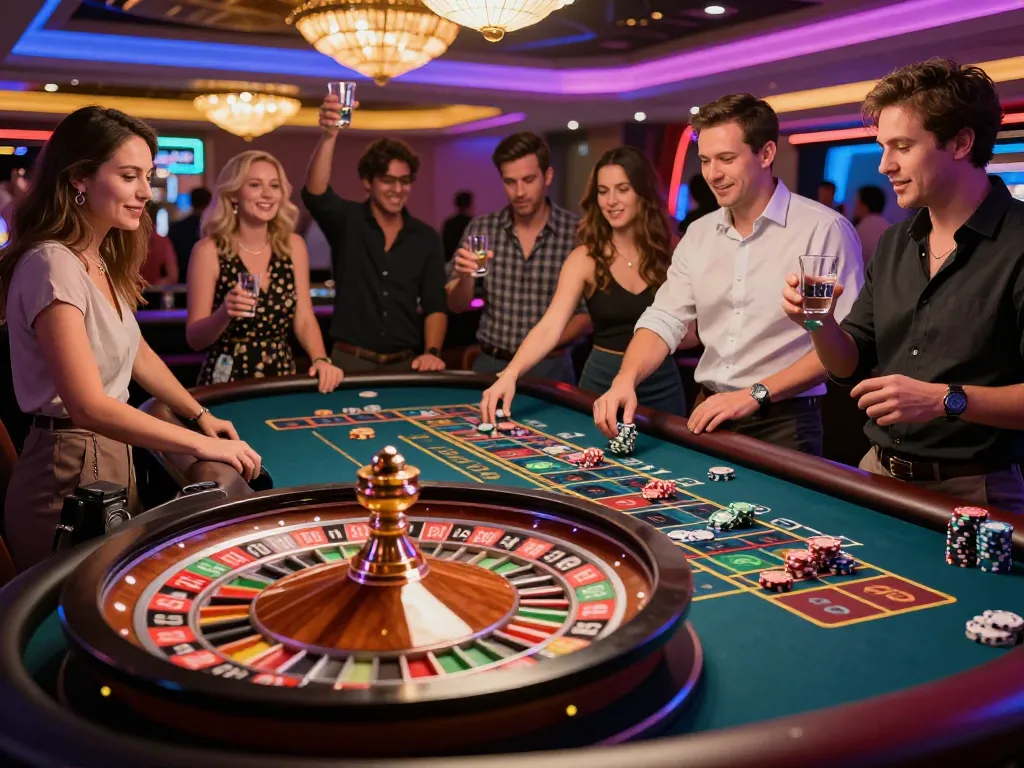 Excited players surrounding roulette table while enjoying gaming action at ok365 casino.