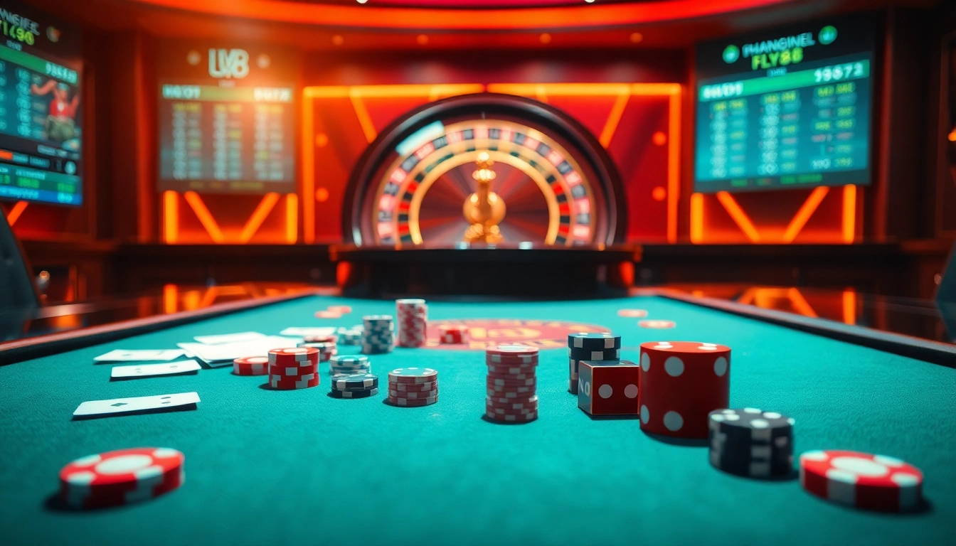 Experience the excitement at nhà cái Fly88 featuring vibrant gaming tables, cards, and a roulette wheel.