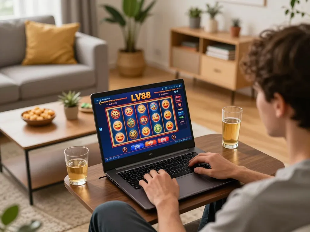 Player enjoying LV88 online casino gaming in a cozy home setting with laptop and snacks.