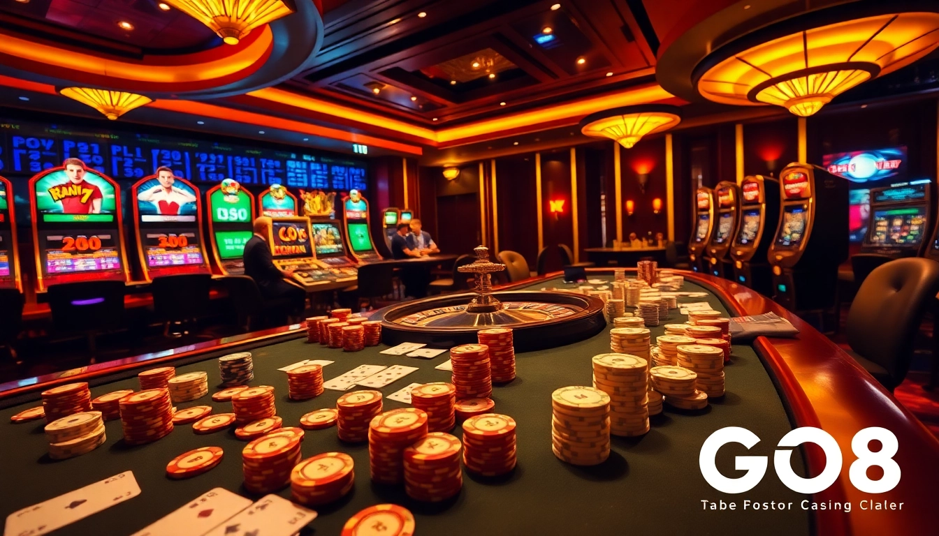 Players enjoy high-stakes gambling at a GO8 casino table with cards and chips.
