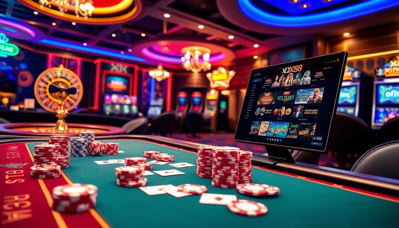 Engage with enticing KJC XX88 casino games at a vibrant, high-tech gaming table setting.
