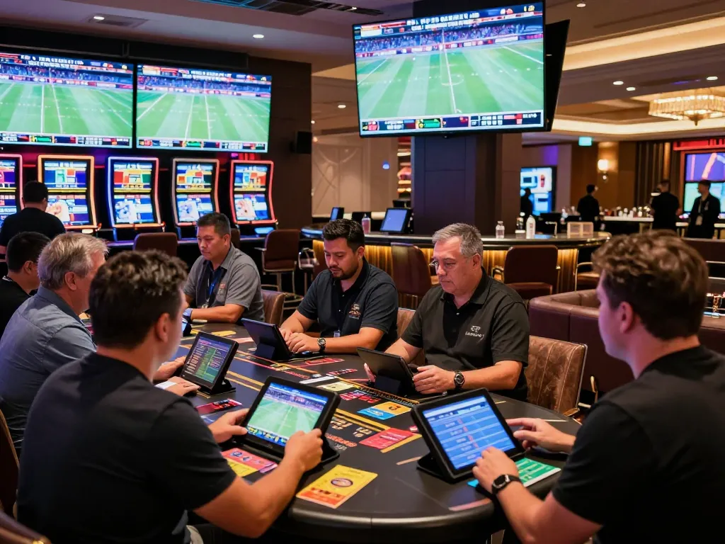 Engaged bettors strategizing sports bets at https://tx88.bid/ in luxurious Las Vegas casino atmosphere