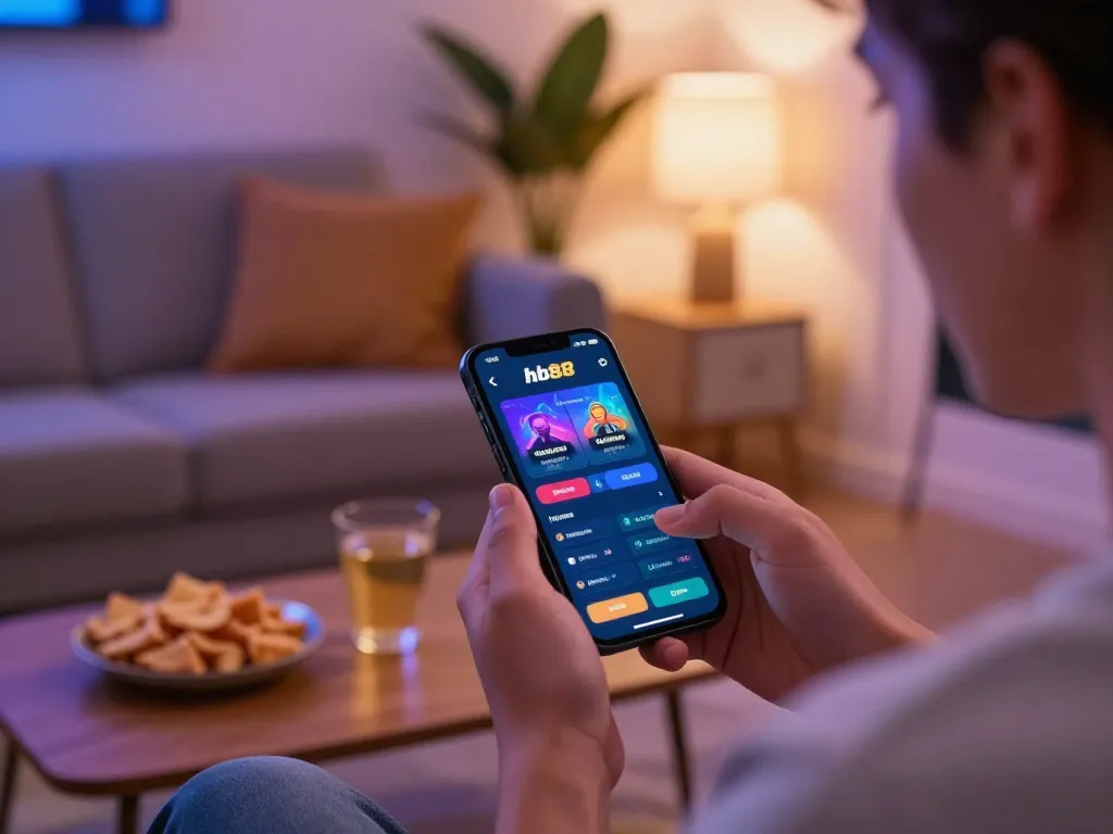 hb88 user engaging in online betting on smartphone at home with cozy atmosphere