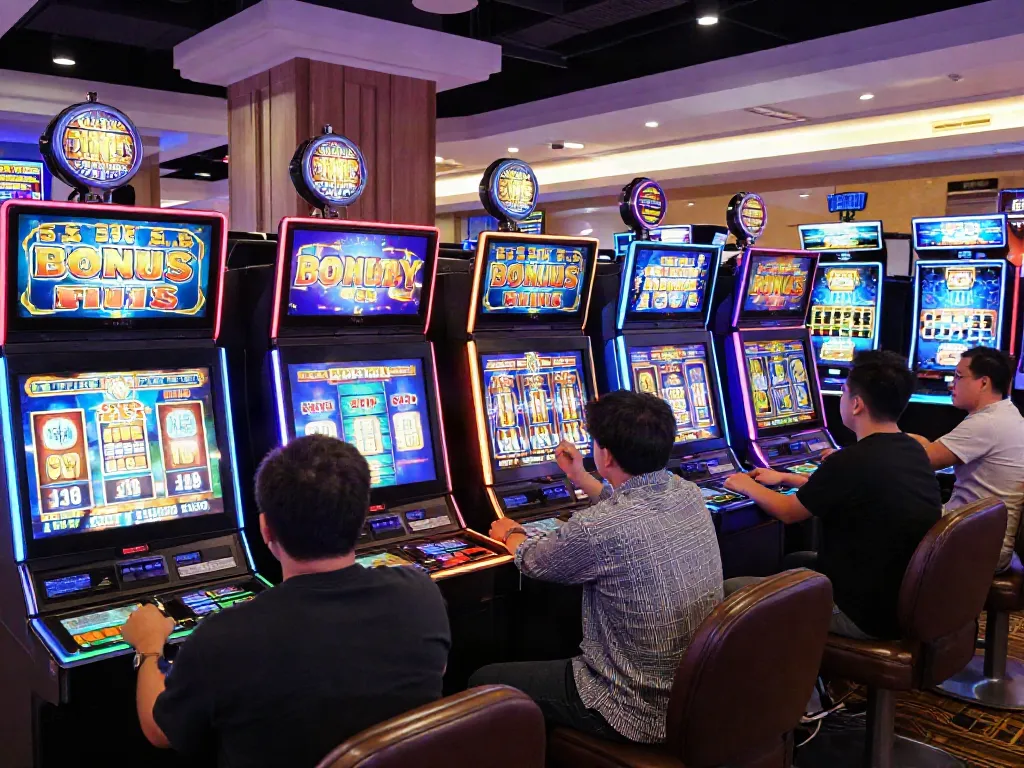 Exciting Bonus Buy Slots scene at a vibrant online casino showcasing players engaged in various games and celebrating wins.