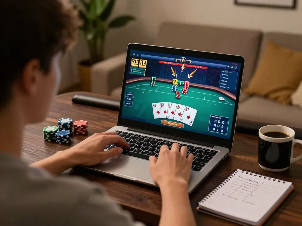 Engaging online poker session featuring sc88 gameplay on a laptop, showcasing strategy notes and cozy atmosphere