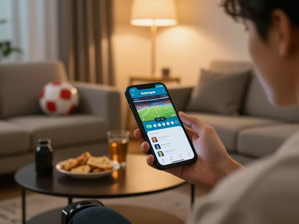 Person engaging with the keobongda app for live sports betting in a cozy living room.