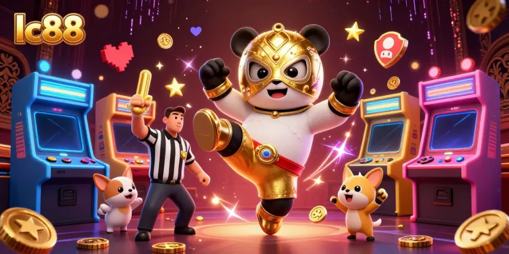 Experience the excitement of lc88 casino with a 3D panda wrestler performing in a vibrant gaming scene.