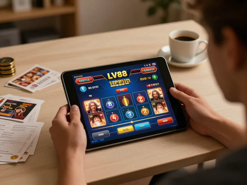 Engaged user playing LV88 online casino games on a tablet, showcasing home gaming setup and strategic planning
