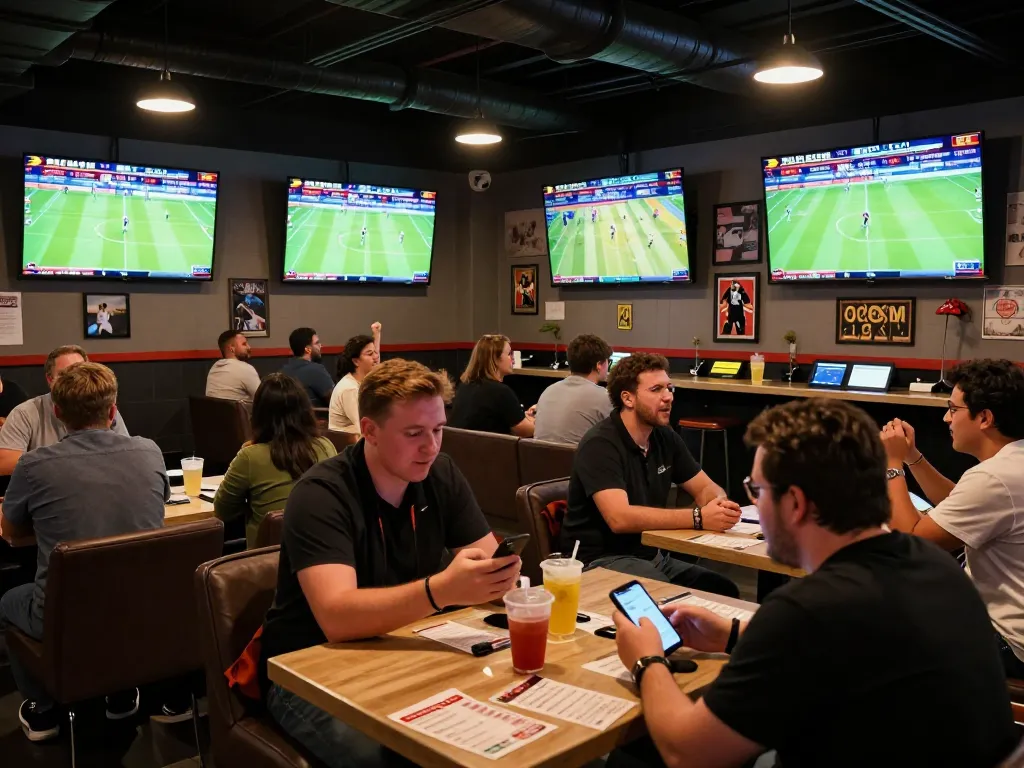 Exciting sports betting scene at keonhacaii88 with patrons cheering and engaging in live betting