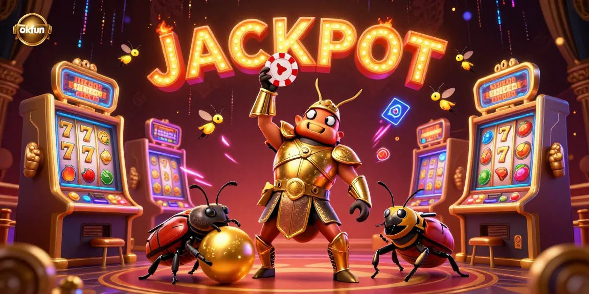 Experience the fun at okfun with a victorious beetle lifting a poker chip among vibrant casino elements.