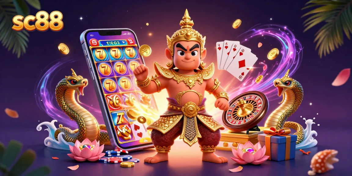 Spin and win with sc88 in vibrant 3D casino scene featuring lucky symbols and exciting gaming action.