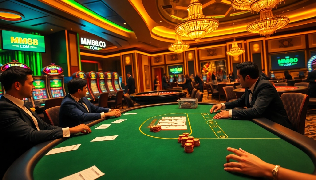 Experience high-stakes action at MM88 COM with poker and slot machines in a vibrant casino setting.