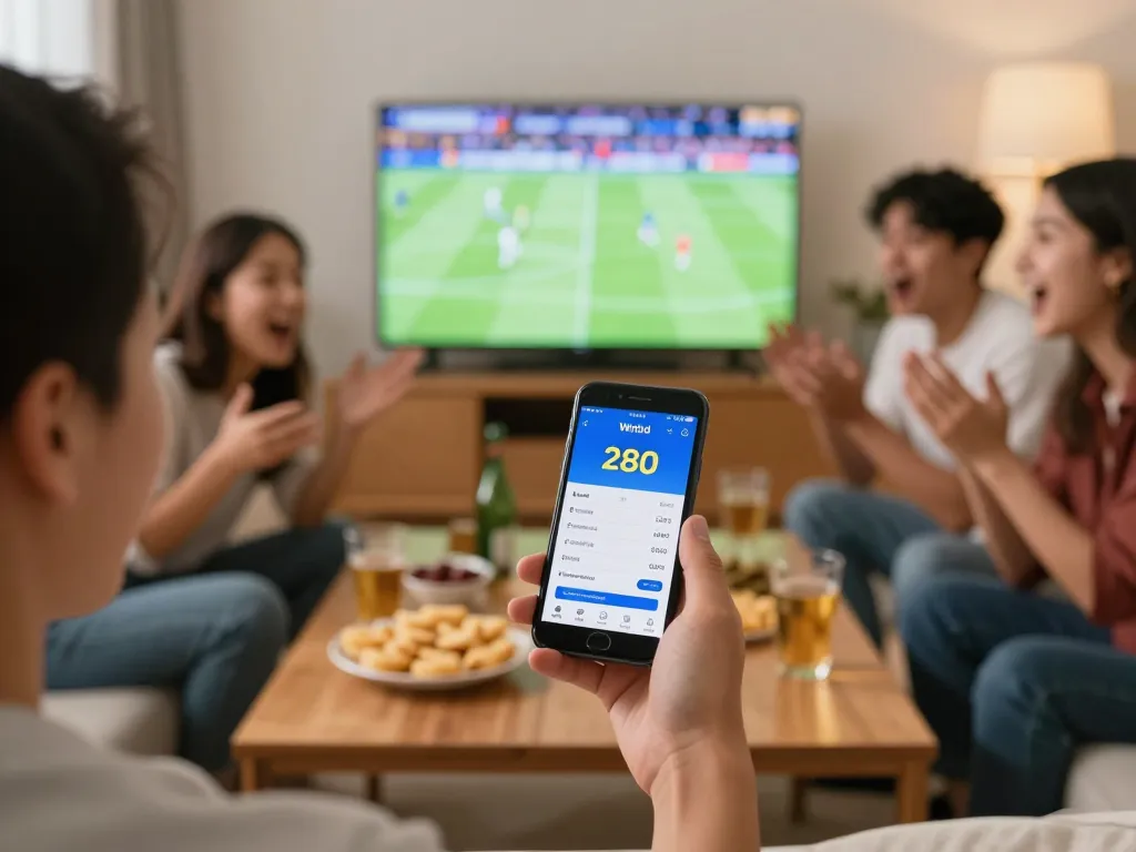 Person using the Winbd app for live betting while enjoying a game with friends in a cozy home setting.