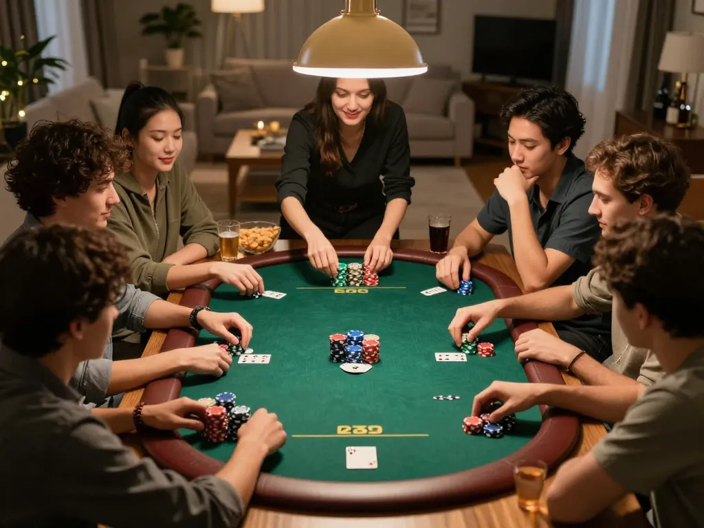 Friends engaged in a poker game highlighting Slot Gacor strategies during a competitive home gaming night