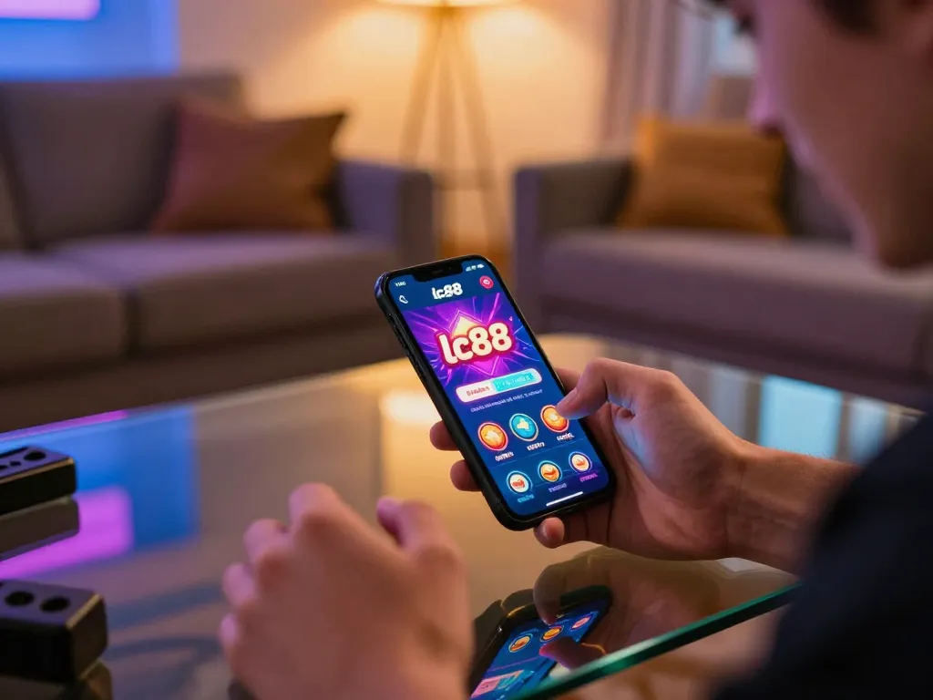Player exploring exciting games on the lc88 casino app with neon lighting.