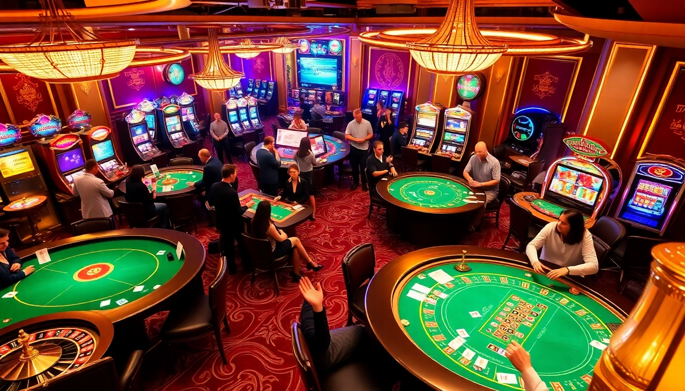 Players enjoying a vibrant casino experience at rr88 com, featuring poker games and slot machines.
