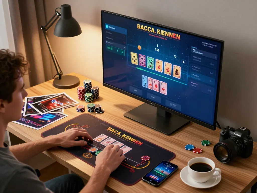 Player engaging in an online Baccarat game on lc88, showcasing strategic gameplay in a stylish home environment