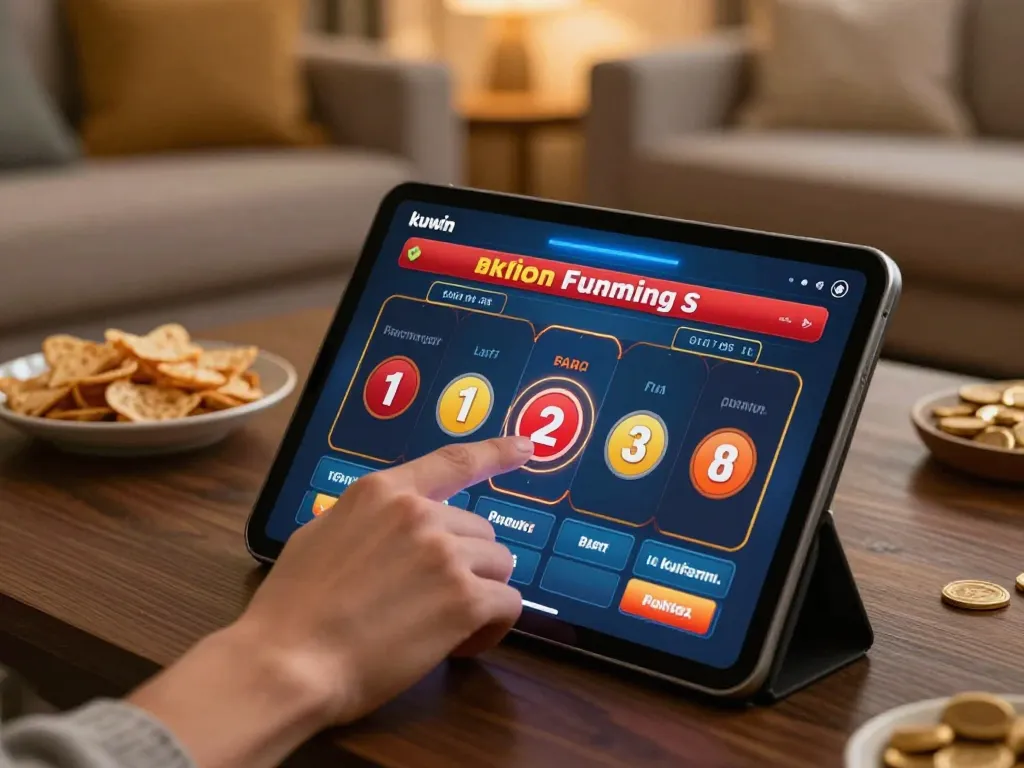 Kuwin player engaged in online betting on tablet at home, showcasing a cozy gaming atmosphere.