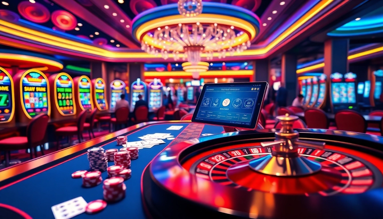Experience high-stakes action at https://mm88.bar/ with a vibrant casino table showcasing poker chips and cards.