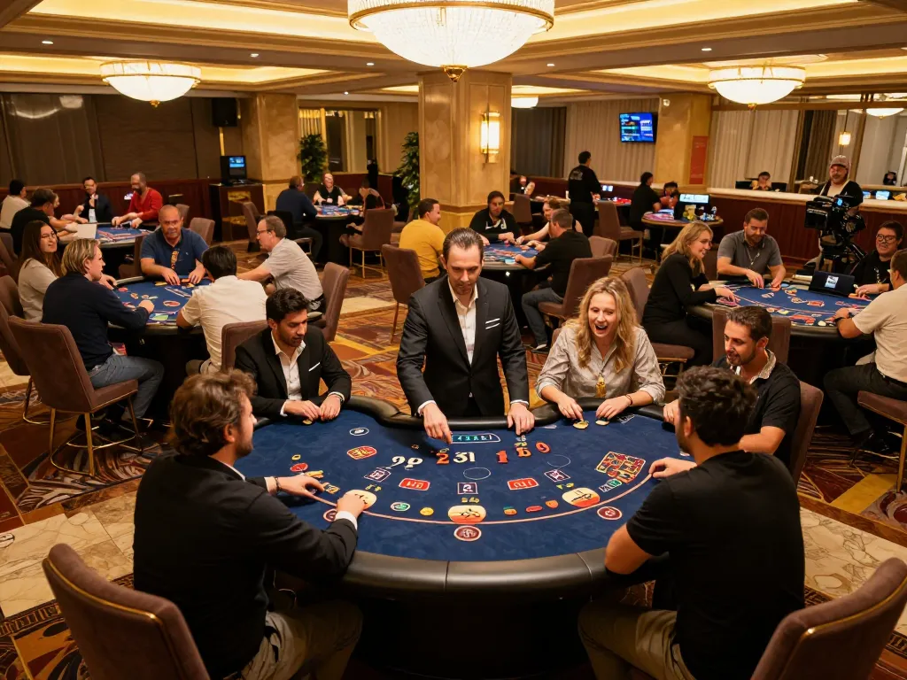 Tỷ lệ kèo nhà cái displayed across vibrant casino gaming tables with engaged players.