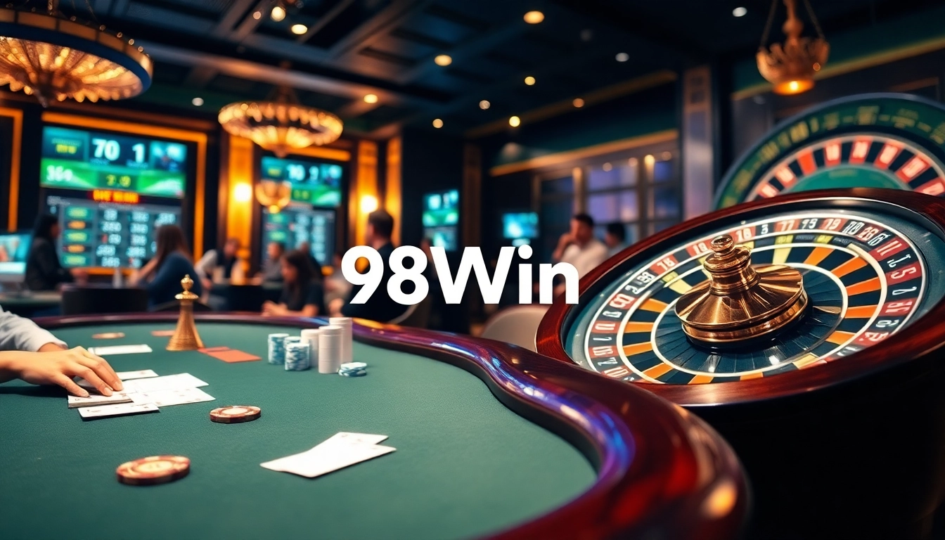 98Win players engaging with a high-stakes poker game, showcasing excitement and professional gambling action.