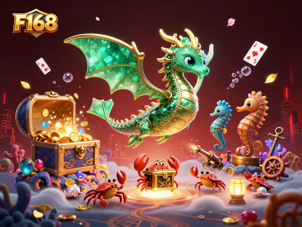 Experience thrilling wins at F168, featuring a vibrant underwater casino with dynamic treasures and characters.