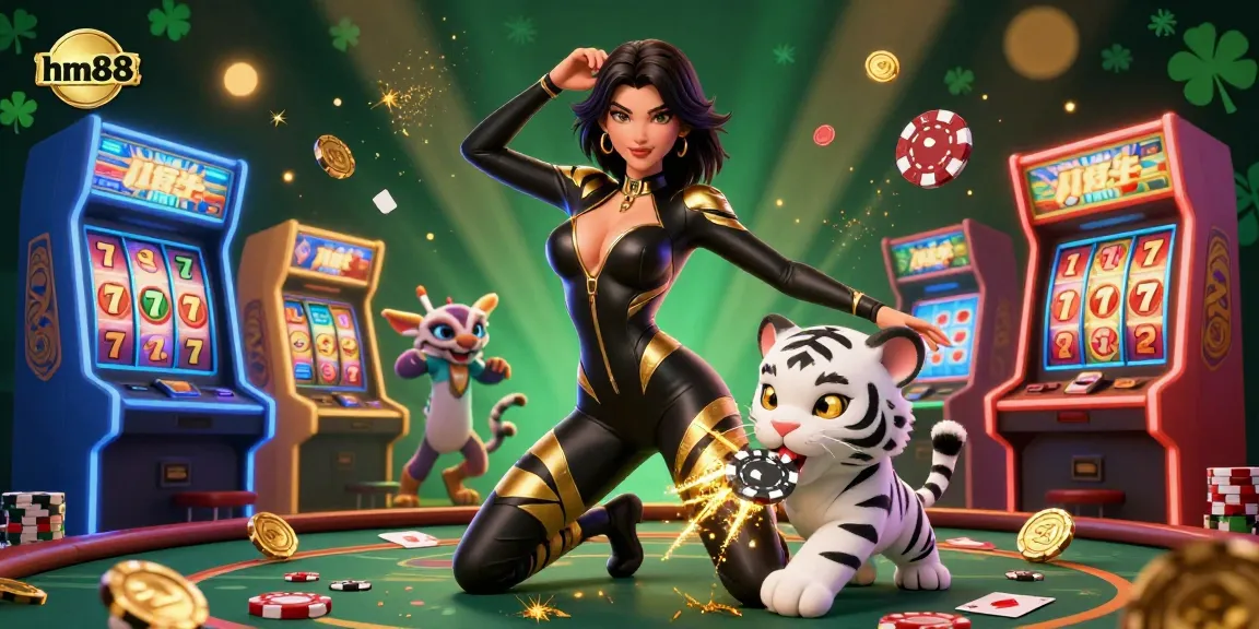 Experience dynamic gaming action at hm88 with a stylish woman and baby tiger surrounded by casino elements.