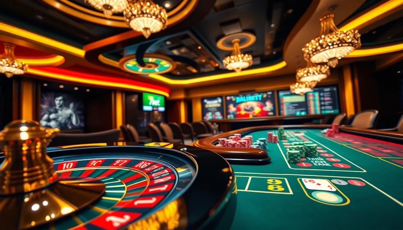 Experience a thrilling gaming atmosphere at 789bet with vibrant roulette and poker tables.