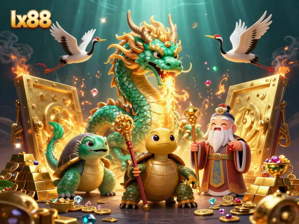 Experience excitement at lx88 with a majestic jade dragon and a wise turtle sage amidst treasures