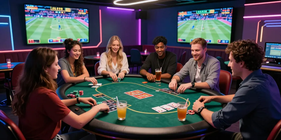 Exciting online gambling moment with friends around AU88 virtual poker table in a vibrant casino setting.