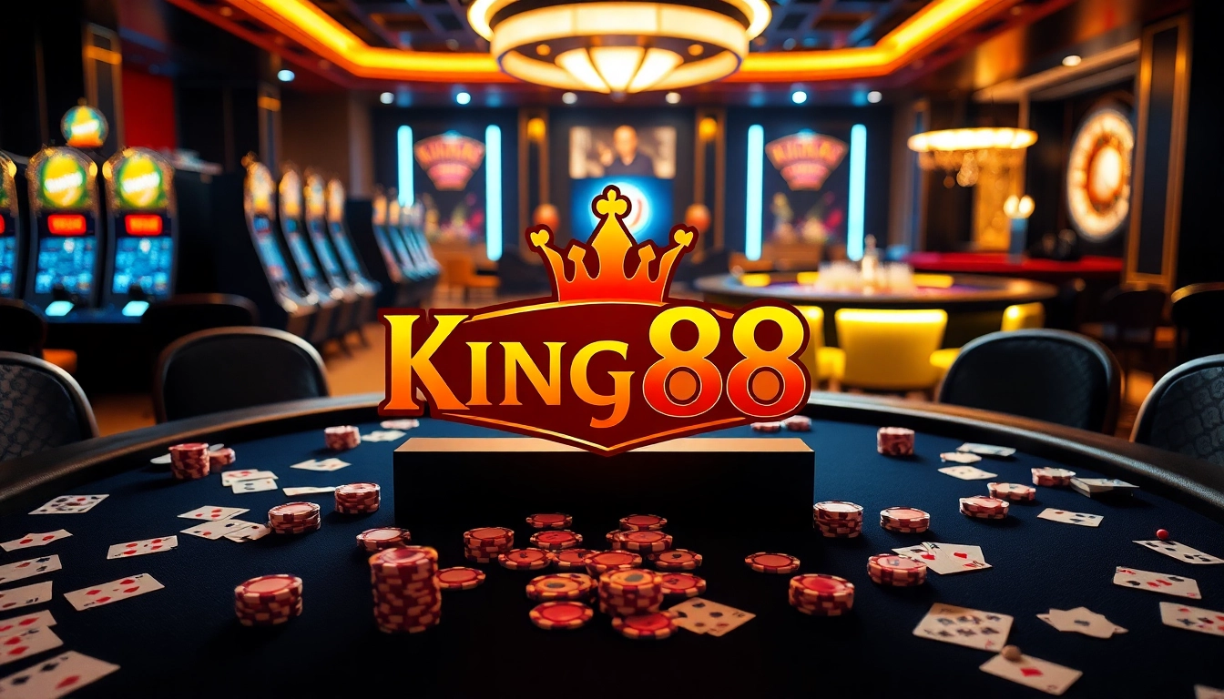 Play engaging poker and casino games at King88 with vibrant chips and cards in a luxurious setting.