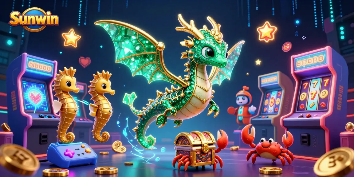 Sunwin showcases a vibrant 3D casino scene featuring a leafy sea dragon alongside game machines and jackpot elements.
