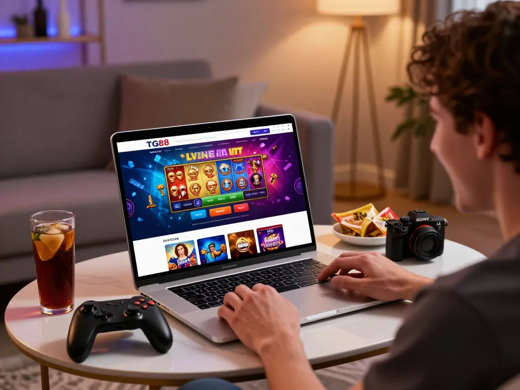 Engaged user exploring the trang chủ TG88 online gaming website featuring vibrant game graphics and a lively gaming atmosphere.