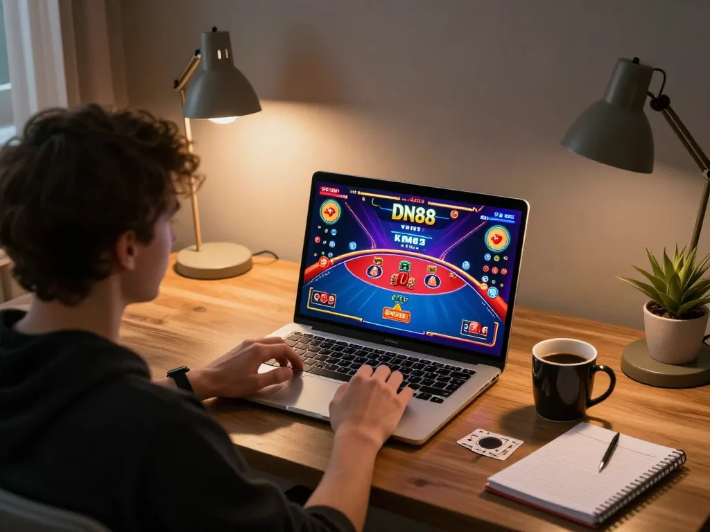Engaged player experiencing DN88's online poker action in a cozy home setup