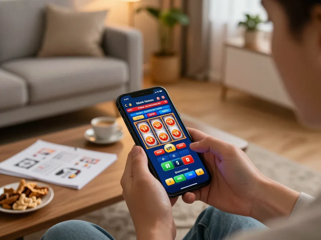 Tin88 user placing bets on mobile casino app in a cozy home setting with strategic notes.