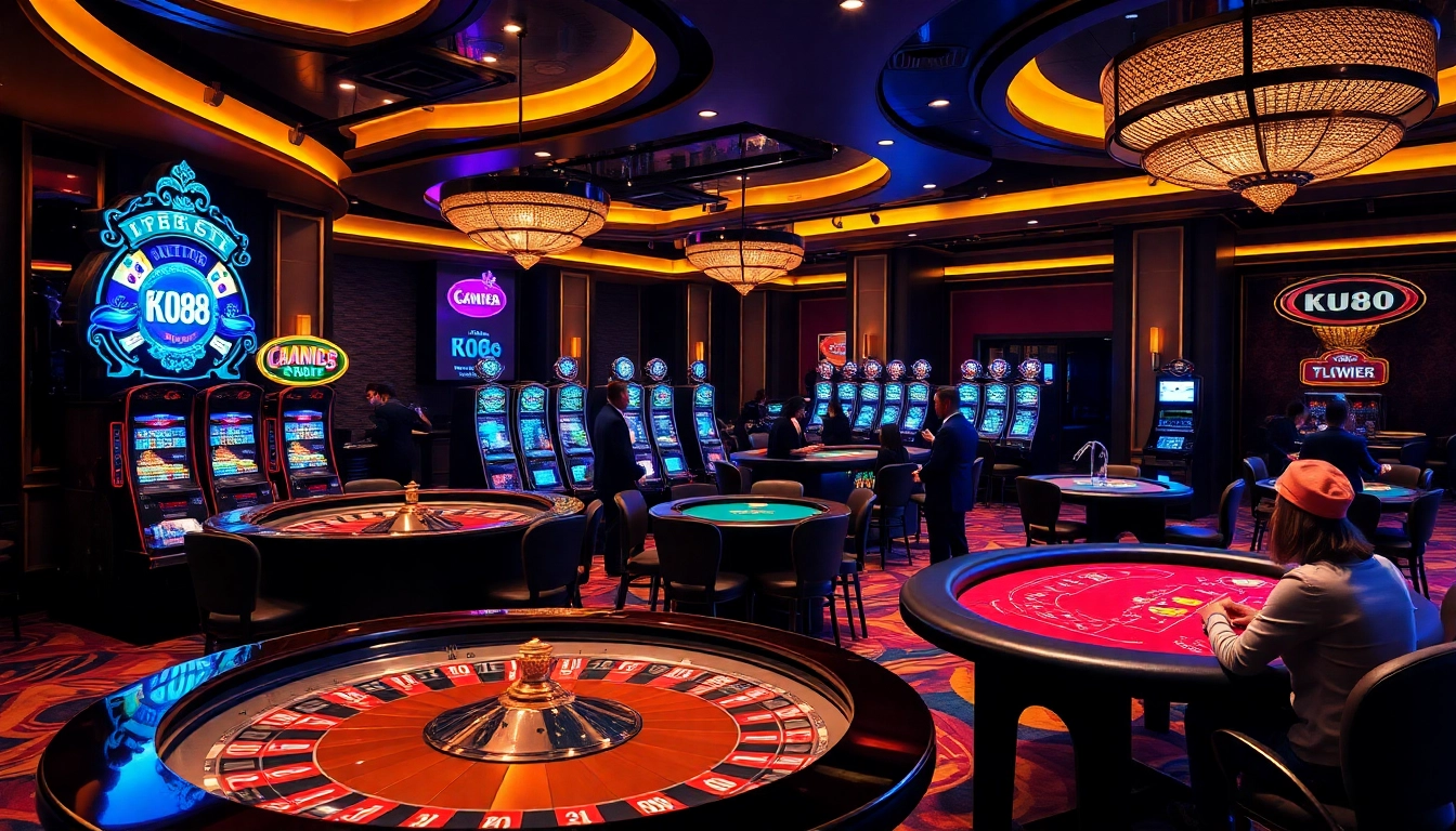 Experience the thrilling atmosphere of KU88's casino with vibrant gaming tables and excited players.