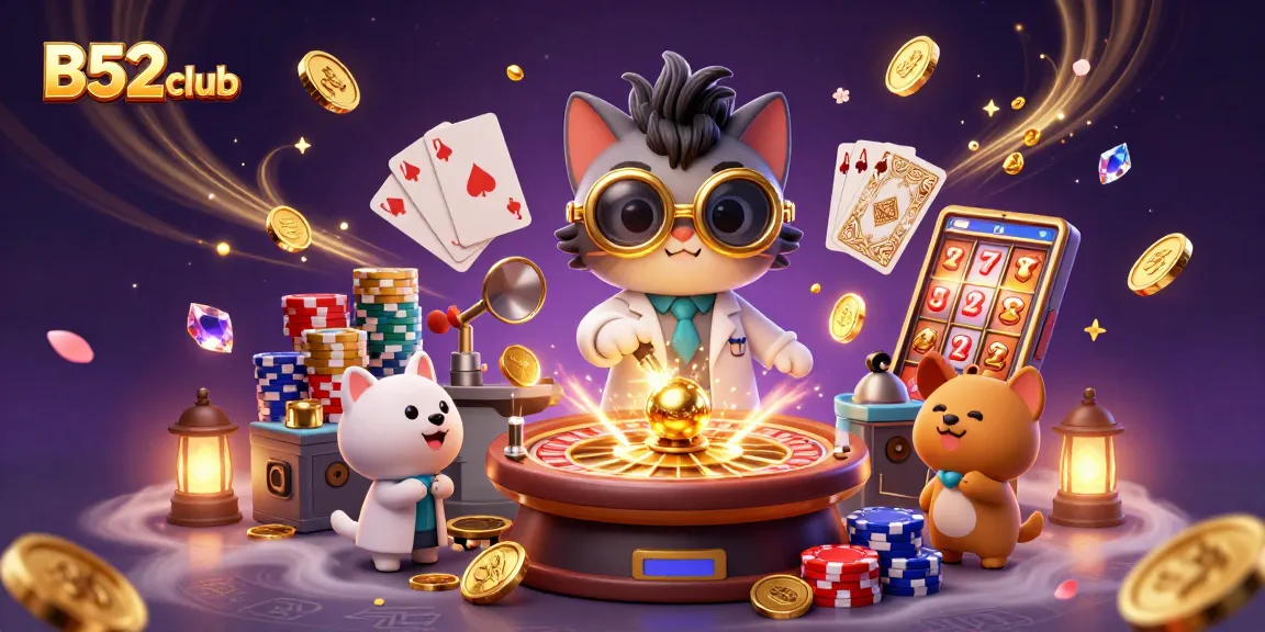 Experience the excitement of B52club with a dynamic 3D illustration of a casino scene filled with gold!
