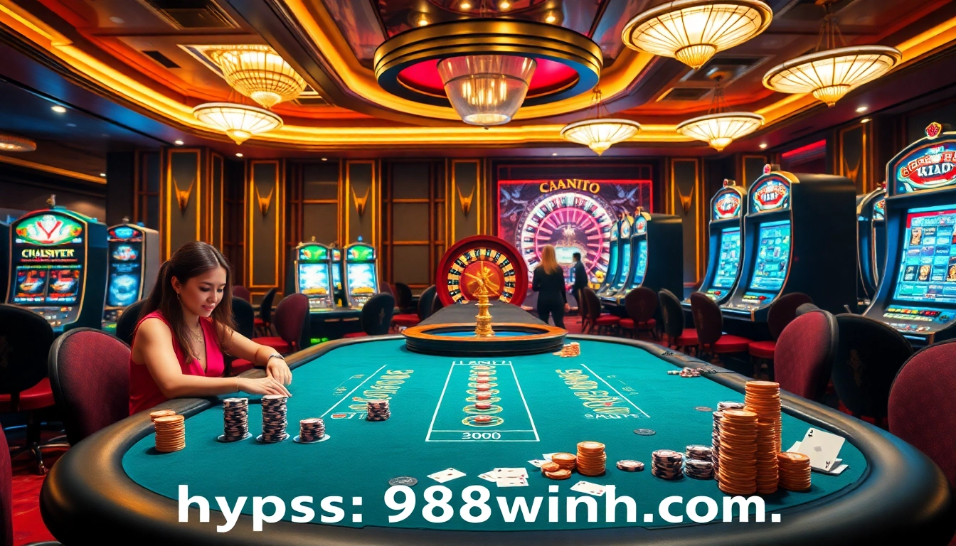 Experience high-stakes poker action at https://98winmb.com/ with vibrant lights and luxury casino elements.