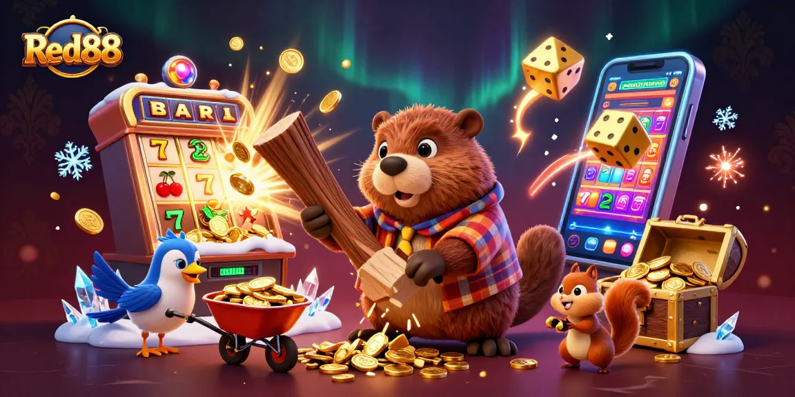 Experience Red88's vibrant casino atmosphere with cartoon characters surrounded by gold coins and jackpots.