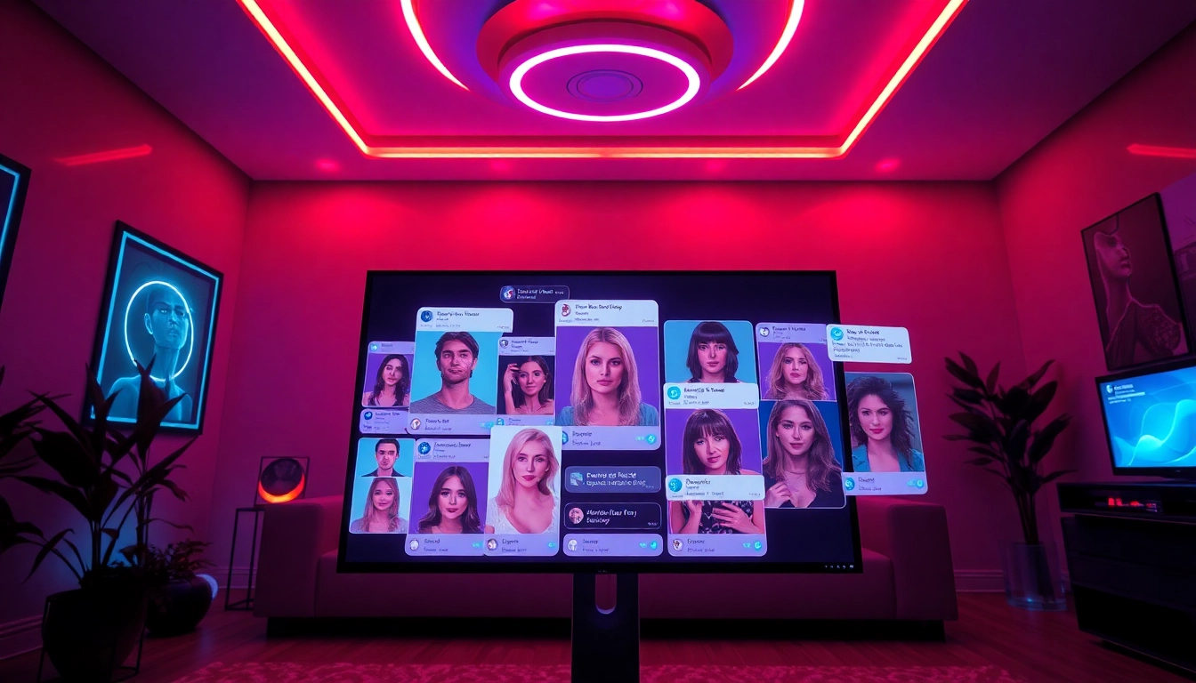 Engaging scene of an AI NSFW chat interface showcasing diverse character avatars in a vibrant, intimate setting.